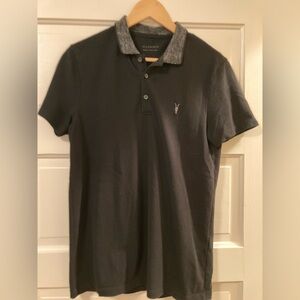 All Saints Reform Short Sleeve Polo Black Polo Shirt for Men Size Medium